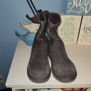 Dark Gray Suede Boots with Sparkle Detail